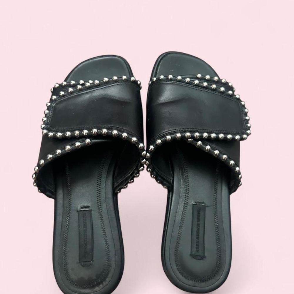 Alexander Wang Black Leather Silver Studded Slide Sandals Flat Mules